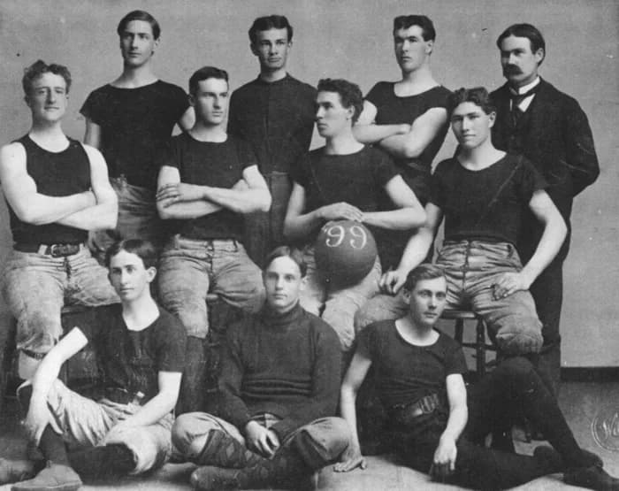 James Naismith - First basketball team at the University of Kansas, 1899. Coach James Naismith is on the far right. Walter is 3rd from the left, back row. Walter's brother, William, and team captain,