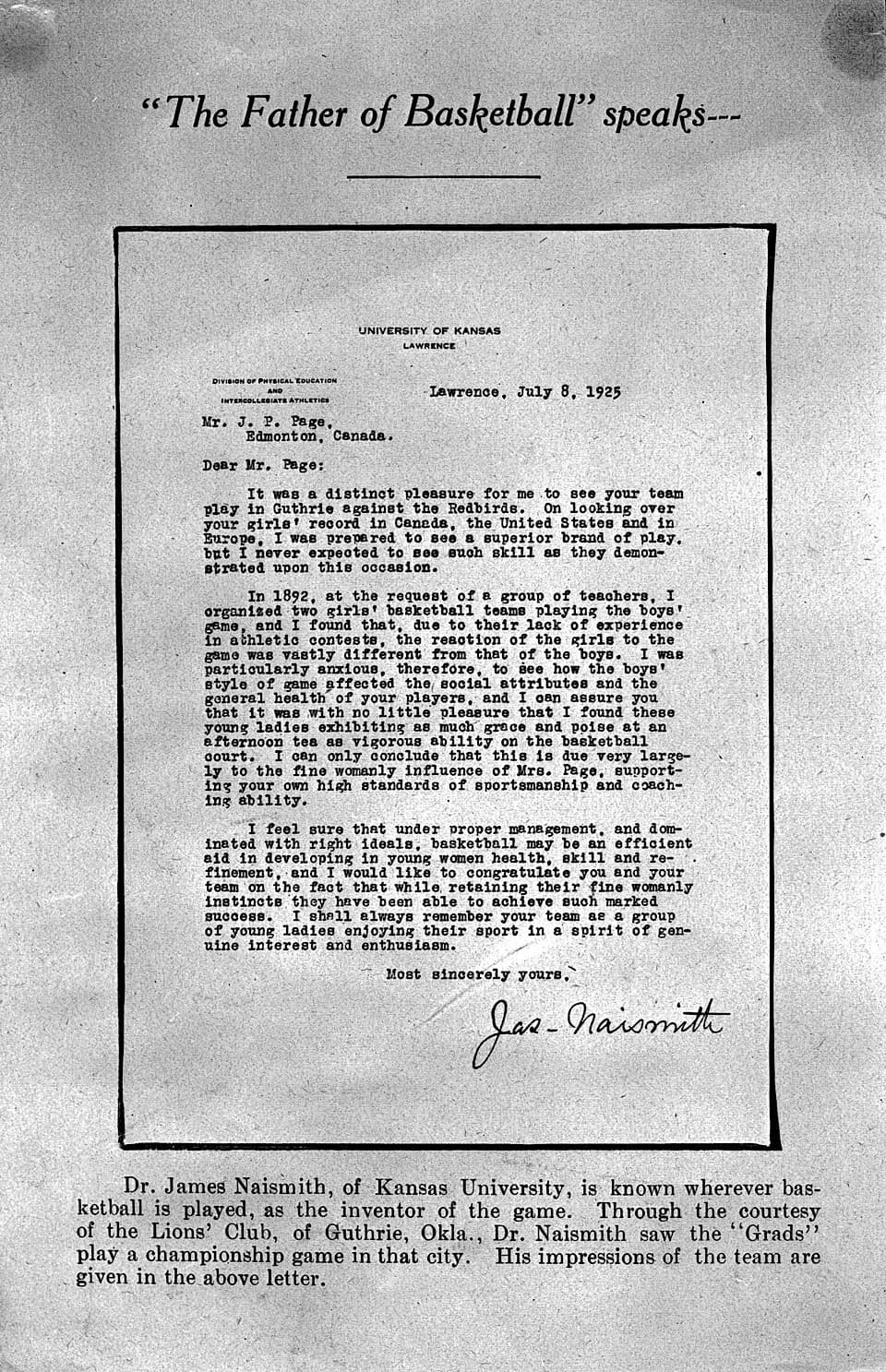 James Naismith - Photograph of a letter to J. Percy Page from Dr. J. Naismith, the inventor of basketball, regarding the Edmonton Grads Basketball Team. A11417.