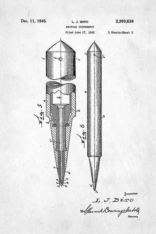 László Bíró - "US Patent 2,390,636 Writing Instrument", filed by the Biró brothers in June 1943 at the US Patent and Trademark Office.