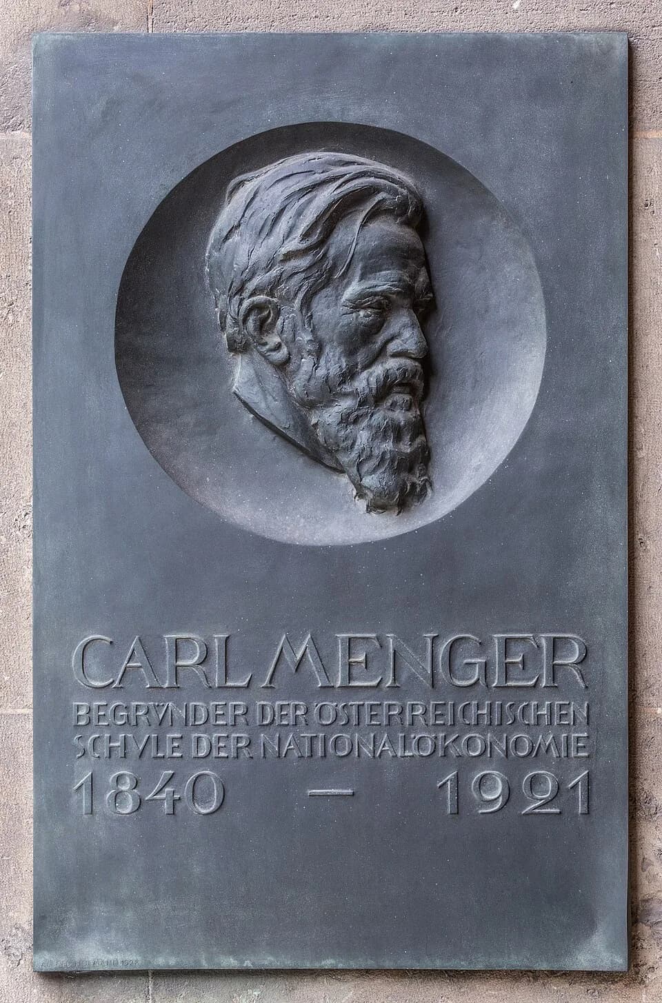 Carl Menger - Carl Menger (1840-1921), relief (bronze) in the Arkadenhof of the University of Vienna, (Maisel# 3). Artist: Alfred Hofmann (1879-1958), unveiled 1929