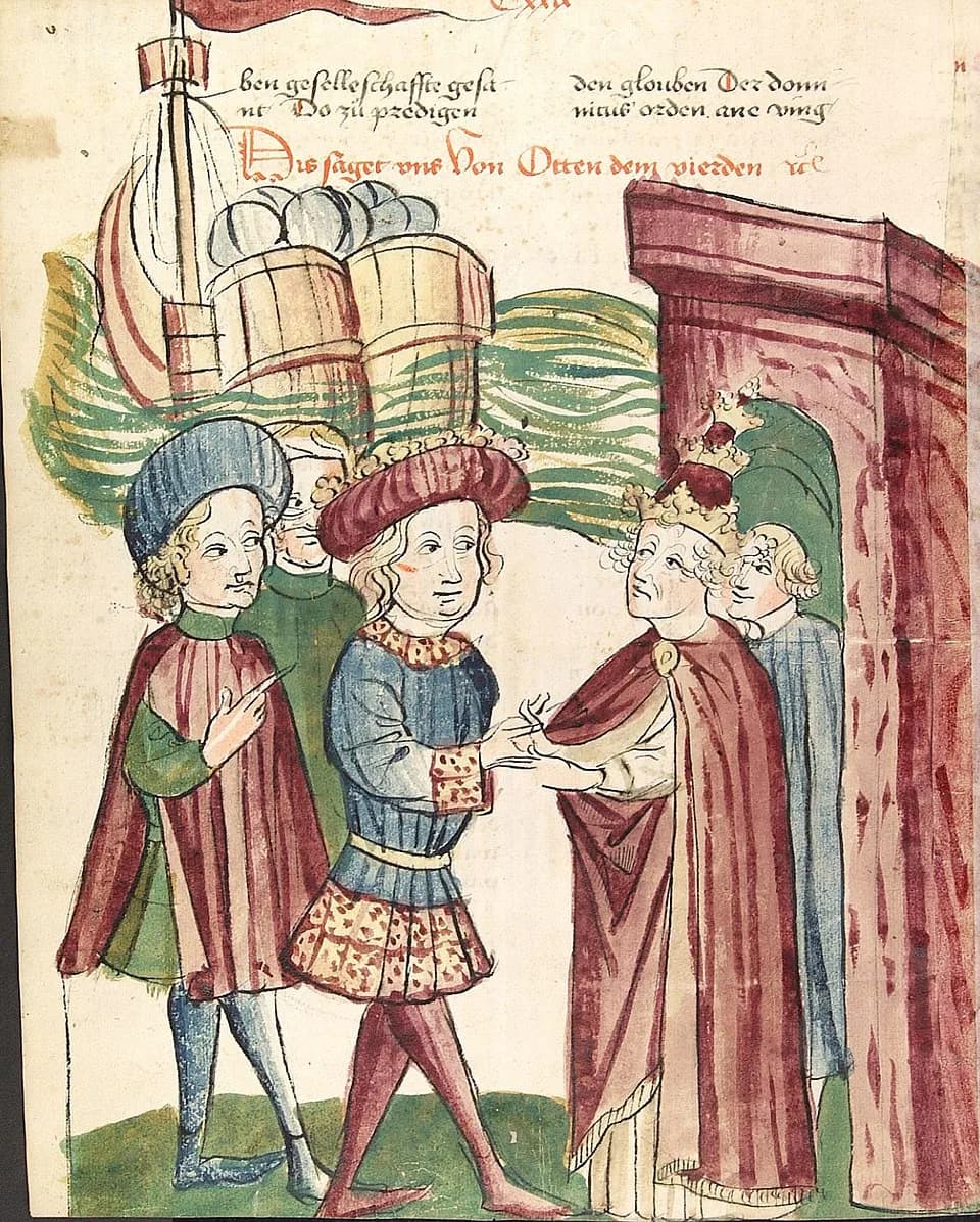 Otto IV, Holy Roman Emperor - Otto IV. und Papst Innocenz III. reichen sich vor den ankommenden Schiffen Friedrichs II. die Hände
Werkstatt des Diebold Lauber, unbekannter Künstler
Zeichnung (ganzseit