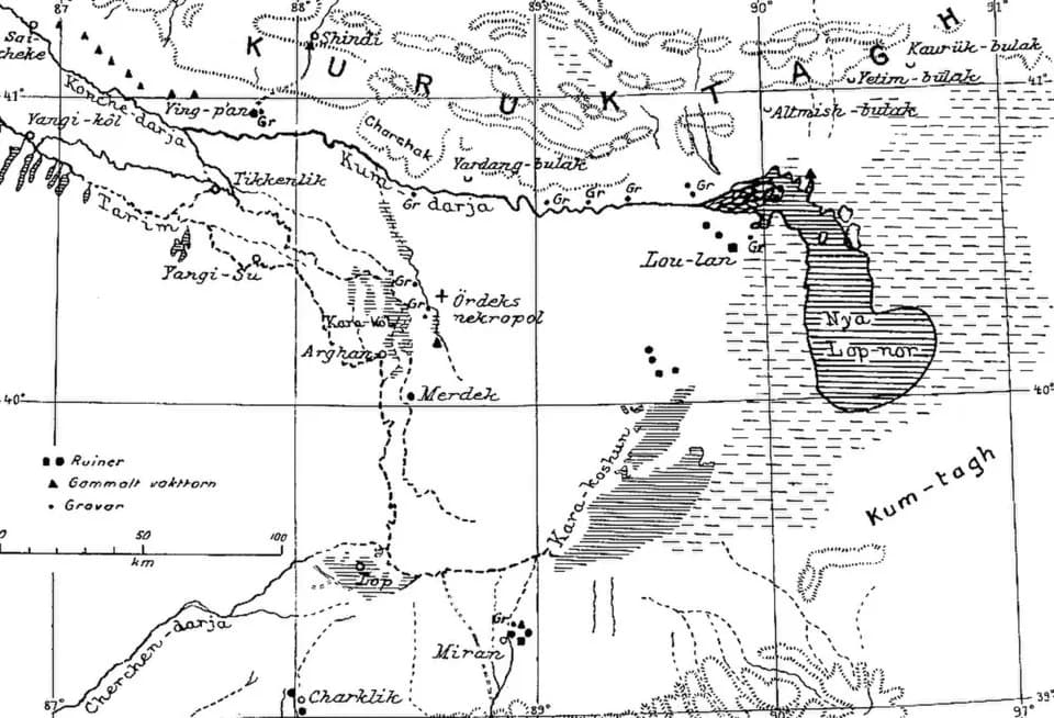 Sven Hedin - Map of the Lop Nur region, Xinjiang, China mainly after A. Herrmann by Folke Bergman 1935. Translations: Ruiner=ruin. Gammalt vakttorn=watch-tower of the Great Wall of China. Grovar=grave