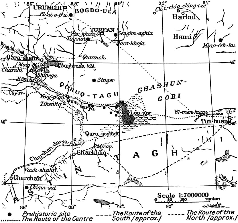 Sven Hedin - Map of eastern Xinjiang with prehistoric sites and the courses of the Silk Roads by Folke Bergman 1939.