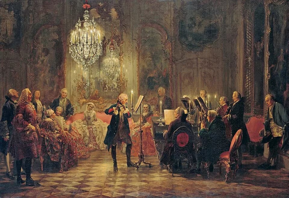 Pierre-Louis Moreau de Maupertuis - Middle: Frederick the Great; far right: Johann Joachim Quantz, the king's flute teacher; to his left with a violin and wearing dark clothing: Franz Benda; leftmost 