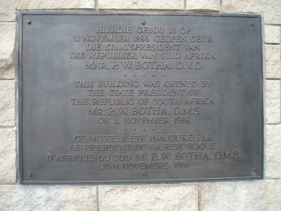 P. W. Botha - Plaque unveiling for the opening of the South African National Museum in Longueval, France.
The Museum was built behind the South African National Memorial and around the Cross of Consec