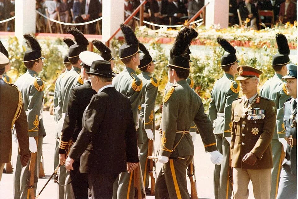 P. W. Botha - In September 1984 PW Botha was inaugurated as the State President of South Africa.
Here he inspects the guard of honour along with General Constand Viljoen who was head of the Defence F