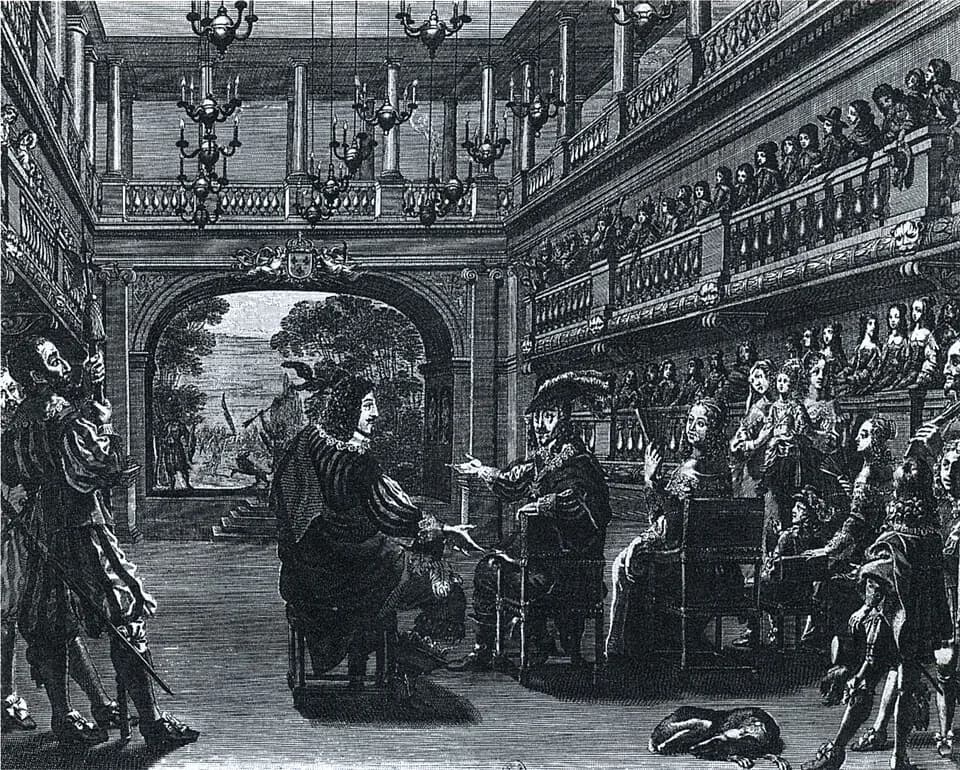 Anne of Austria - Cardinal Richelieu's theatre in the Palais-Cardinal in Paris during the performance of a play in 1643. From left to right: Richelieu (according to Powell, Gaston d'Orléans), Louis XI