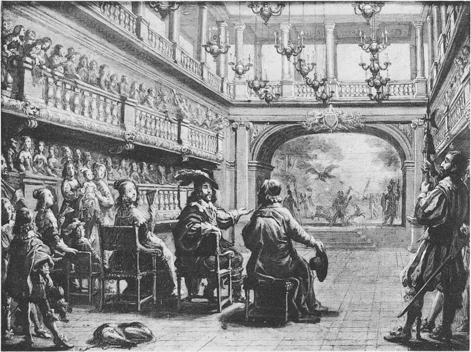 Anne of Austria - A grisaille by Jean de Saint-Igny depicting the Salle du Palais-Cardinal during a performance. This image is labelled Fig. 5 (after page 403) from the article by Agne Beijer "Le ball