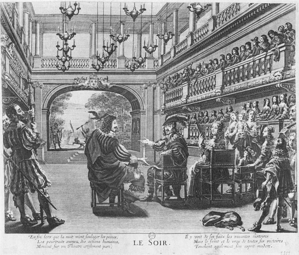 Anne of Austria - Théâtre du Palais-Cardinal in Paris during a performance, engraving known as Le Soir. The work being performed has been identified by Beijer as the ballet La prospérité des armes de 