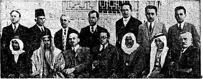 Moshe Sharett - From right to left standing: Aharon Haim Peten, Moshe Sharet, Yitzchak Ben Zvi, Dr. A Huckster, Avraham Elmaliach, Shams A-din Sami, Dr. Bergson.
Sitting: Avraham Shapira from Petach T