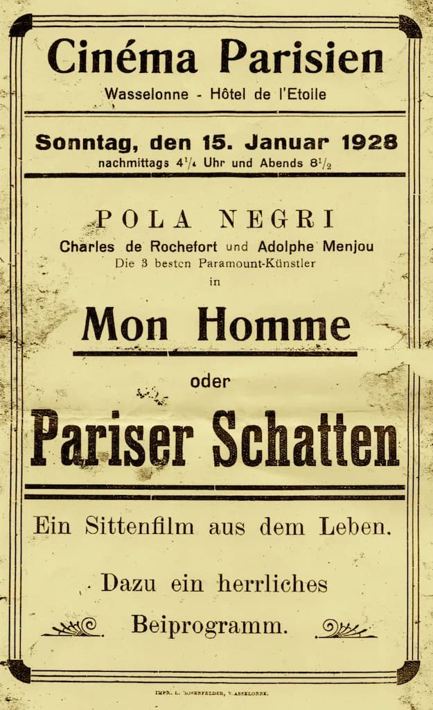 Pola Negri - Wasselonne. Cinéma Parisien. Affiche de la première séance le 15 janvier 1928.