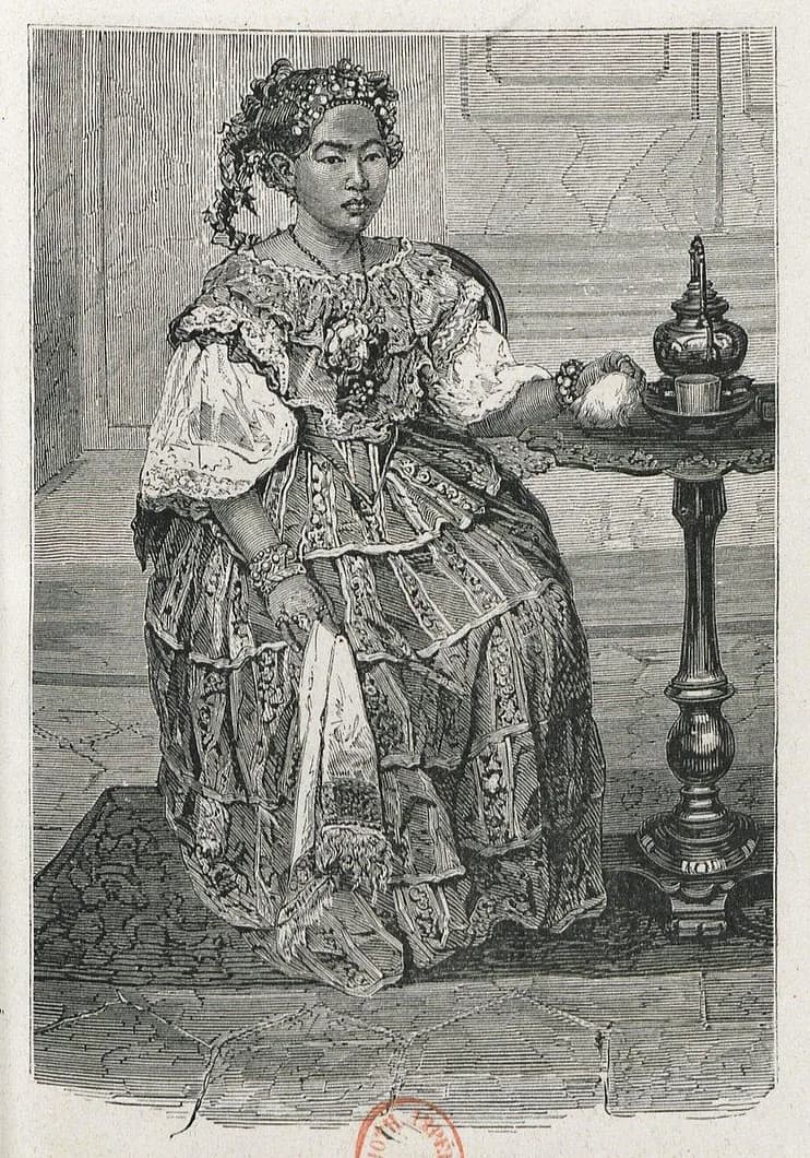 Mongkut - Planche 6 du livre Voyage dans les royaumes de Siam, de Cambodge, de Laos : "Princesse de Siam dans son intérieur"