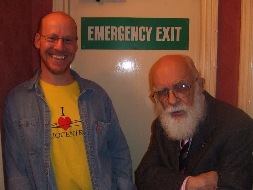 James Randi - The world's two foremost skeptics, Dr. Phil Plait and James Randi, in one pub - taken in April 2008 at the Rugby Tavern, London.
