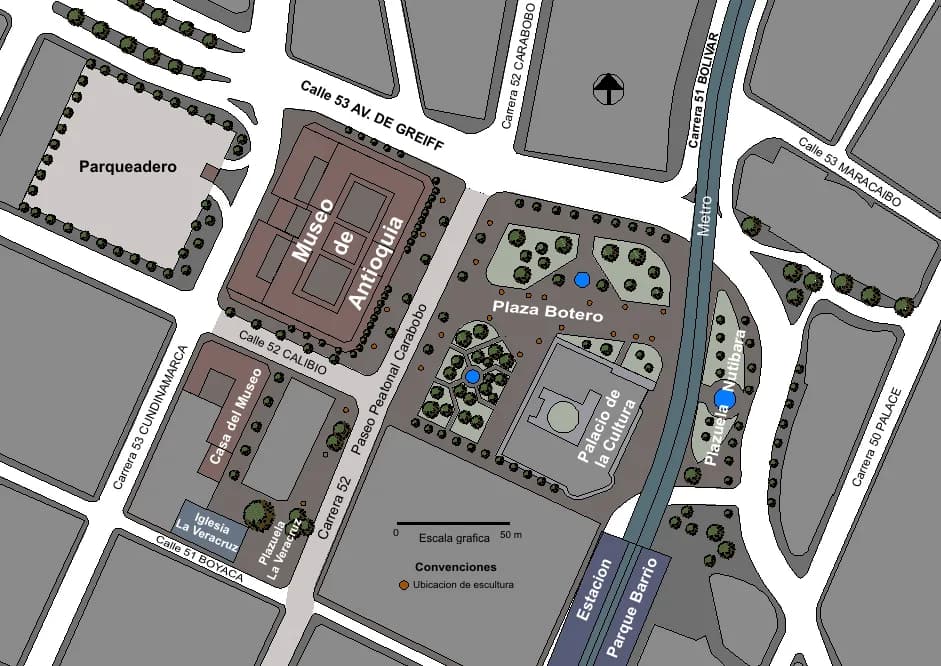 Fernando Botero - Plano de localización del Museo de Antioquia y la Plaza Botero, en el centro de Medellín, Colombia. El plano lo realice basándome en un mapa antiguo del centro, el cual carecía de la