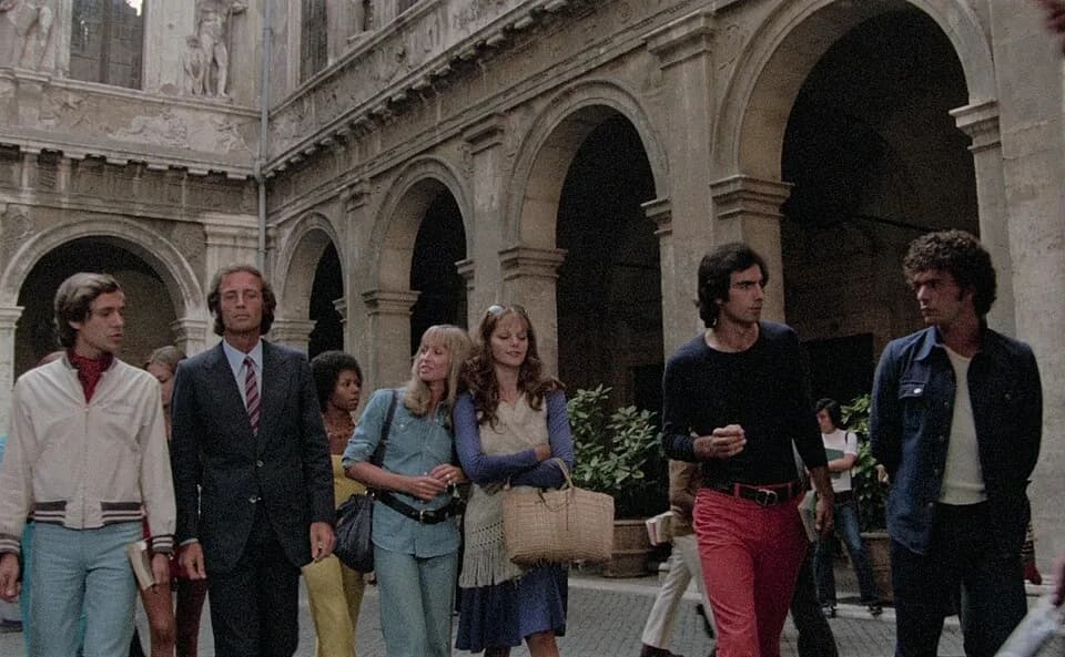 Carlo Ponti - From left to right, Luc Merenda, John Richardson, Carla Brait (in the rear), Suzy Kendall, Tina Aumont and Luciano Bartoli in a scene from Torso (1973).