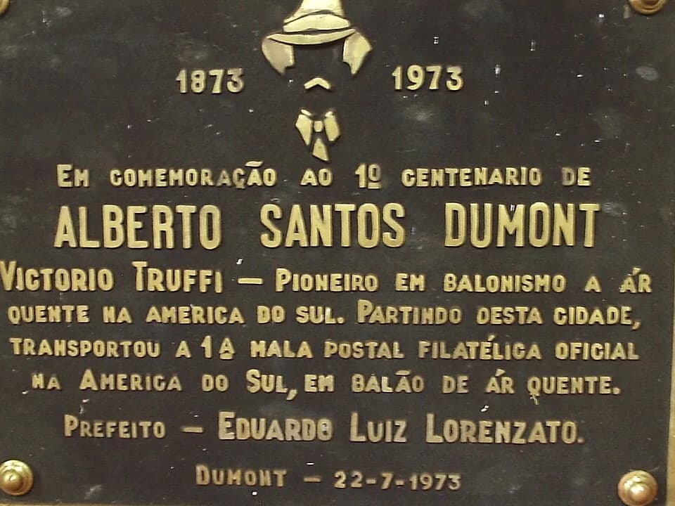 Alberto Santos-Dumont - Placa da Primeira Mala Postal Filatélica transportada por Balão em comemoração ao Centenário de Alberto Santos Dumont