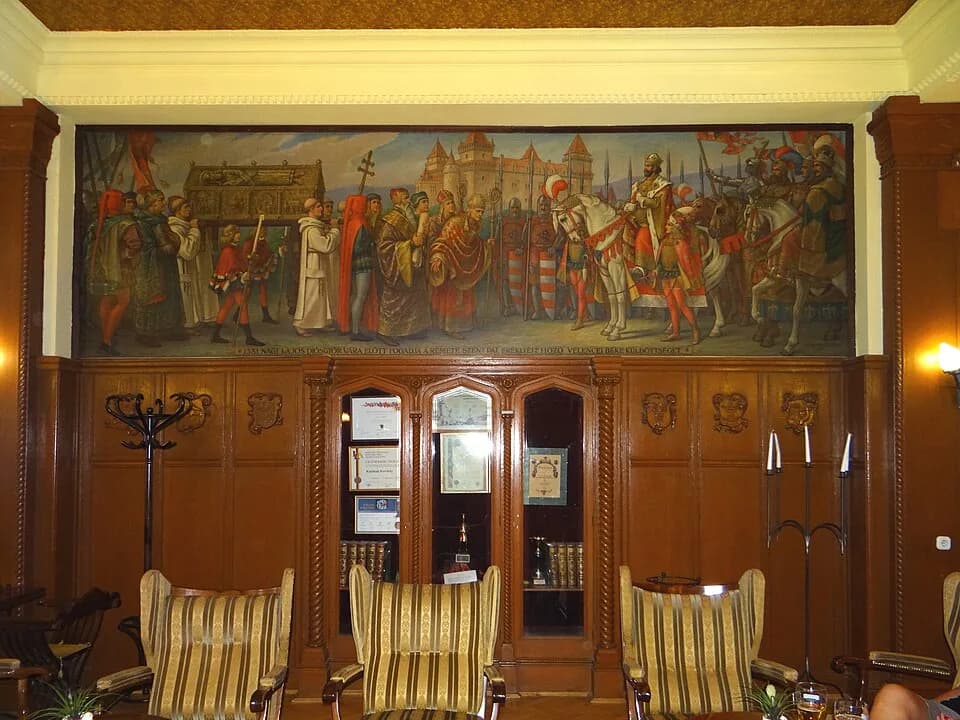 Louis I of Hungary - Painting by Ferenc Helbing in the Palace Hotel lobby, Lillafüred, Hungary