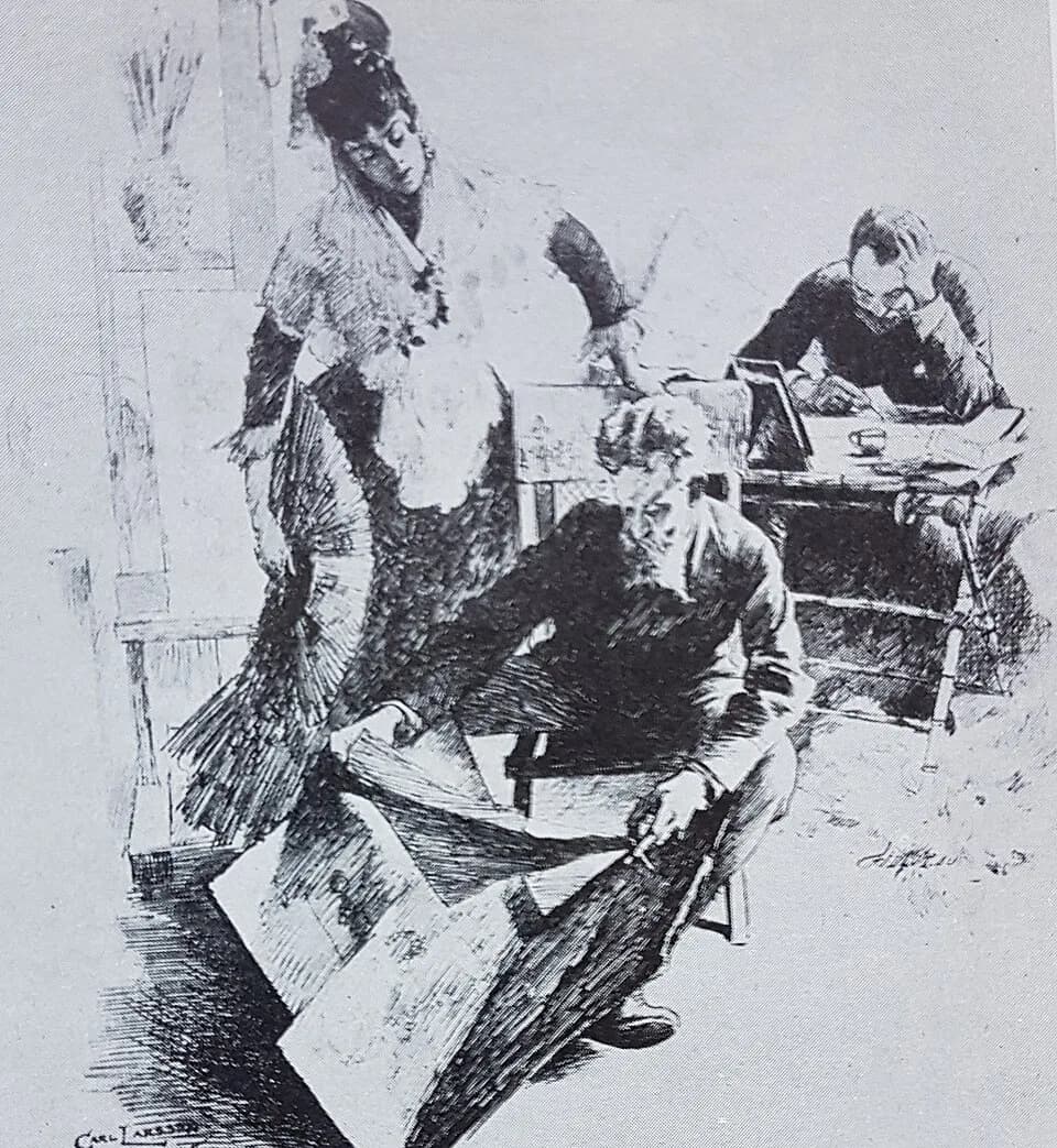 Carl Larsson - Hugo Birger med fru och  redaktör J Janzon avtecknade av Carl Larsson, avfotograferad bild från Allhems Svenskt konstnärslexikon.
