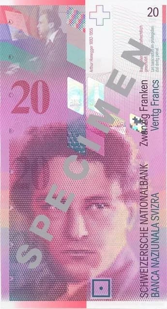 Arthur Honegger - Front of the 20 Swiss Francs banknote. Part of the 8th series of Swiss Bank notes, issued in 1996.