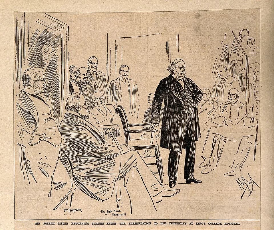 Sir George Stokes, 1st Baronet - Joseph Lister giving thanks for a testimonial and portrait presented to him at King's College Hospital, Lincoln's Inn Fields, 1895. Process print after A.S. Boyd, 1895