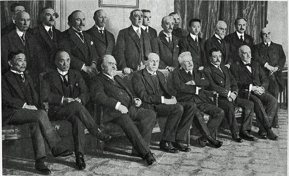 Robert Cecil - Photo of the members of the commission of the League of Nations created by the Plenary Session of the Preliminary Peace Conference, Paris, France, 1919. From Le Pays de France magazine