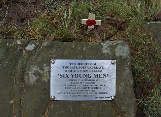 Ted Hughes - Six young men amongst millions. The poem by Ted Hughes was inspired by a photo he saw of a group of friends enjoying a day out at Lumb Hole Waterfall before being called up. Another photo