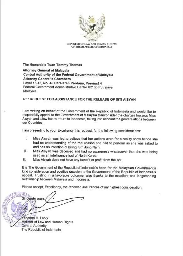 Kim Jong-nam - Letter requesting for the release of Siti Aisyah in the Kim Jong-nam assassination as been delivered to the Malaysian Attorney General.