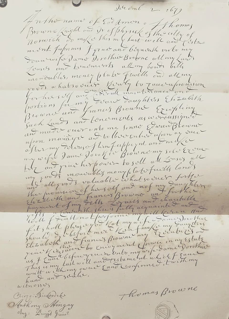 Thomas Browne - copy of the will of Sir Thomas Browne