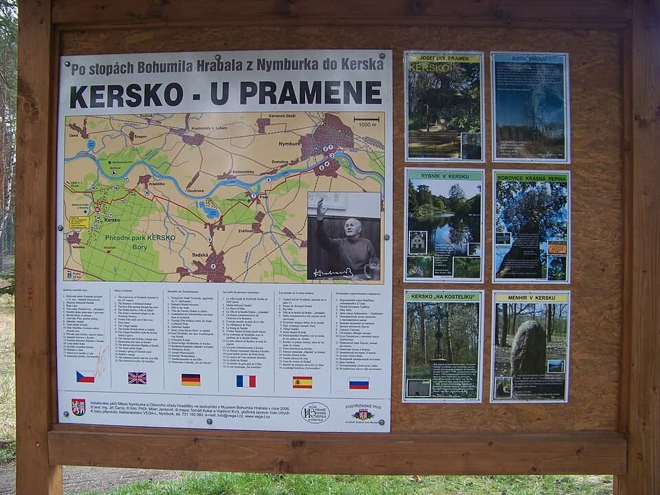 Bohumil Hrabal - Hradištko-Kersko, Nymburk District, Central Bohemian Region, the Czech Republic. An infoboard near U Pramene Restaurant.