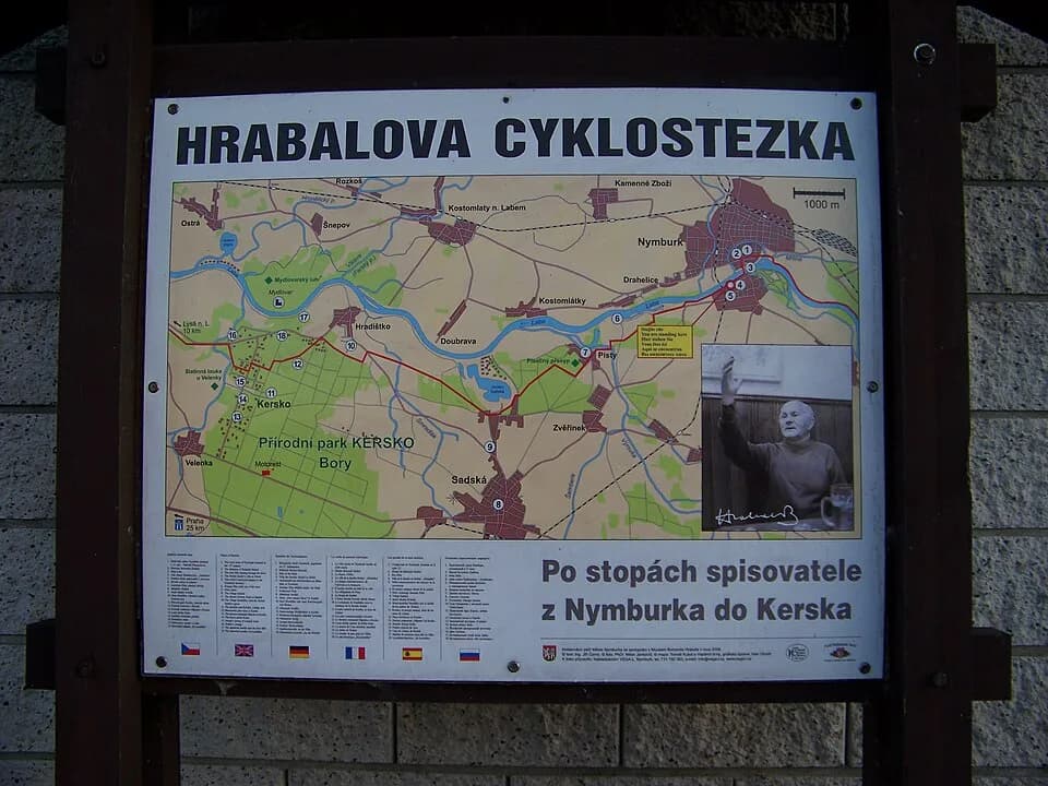 Bohumil Hrabal - Nymburk, Nymburk District, Central Bohemian Region, Czech Republic. Na Bělidlech street, a map of the Hrabal Cycling Route.
