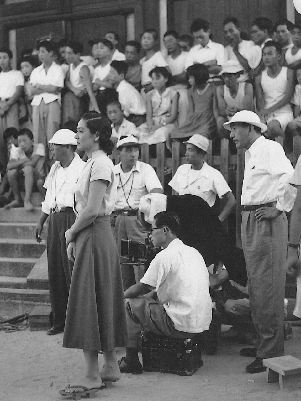 Yasujirō Ozu - Actress Setsuko Hara (1920–2015, foreground, left) and director Yasujirō Ozu (1903–63, far right) filming Tokyo Story (1953).