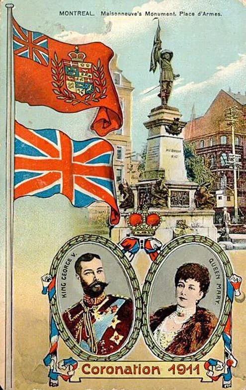 Mary of Teck - Postcard of the Maisonneuve Monument, located on Place d'Armes in Montreal, Quebec, Canada, also commemorating the 1911 coronation of King George V.  A version of the Red Ensign of Cana