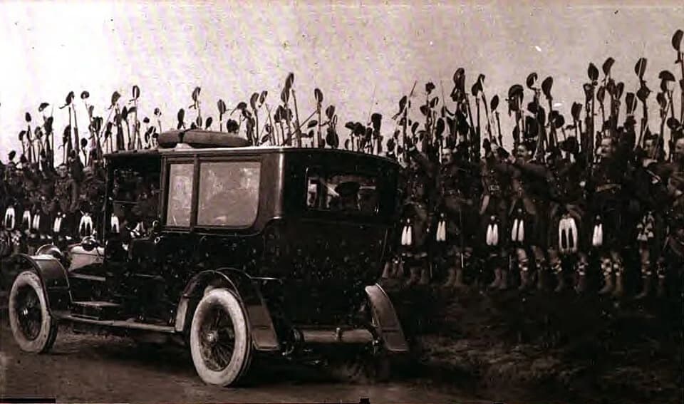 Mary of Teck - King George V, Queen Mary, and Lord Kitchener Cheered by Canadian Highlanders at Salisbury, England. From The New York Times Current History of the European War.