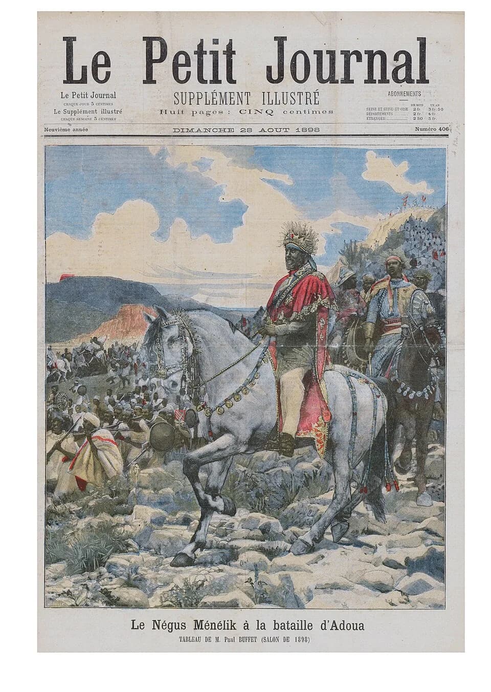 Menilek II - Page from old french newspaper "Le Petit Journal" depicting Menelik II at the battle of Adwa