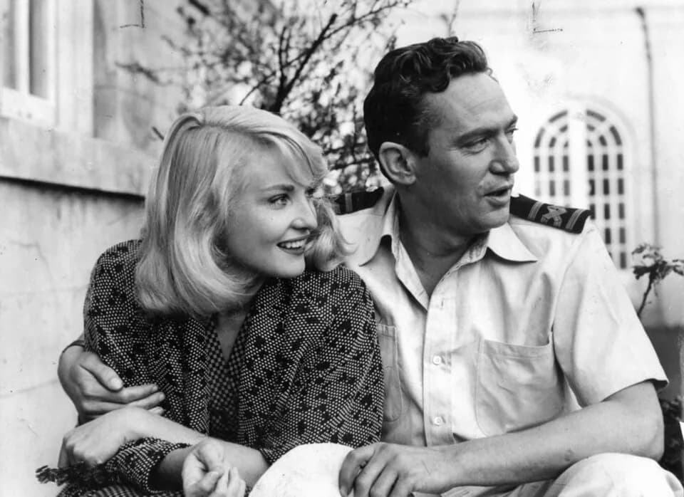Peter Finch - Diane Cilento with Peter Finch. Photographed in London during the making of the film 'Passage Home' (released in 1955).