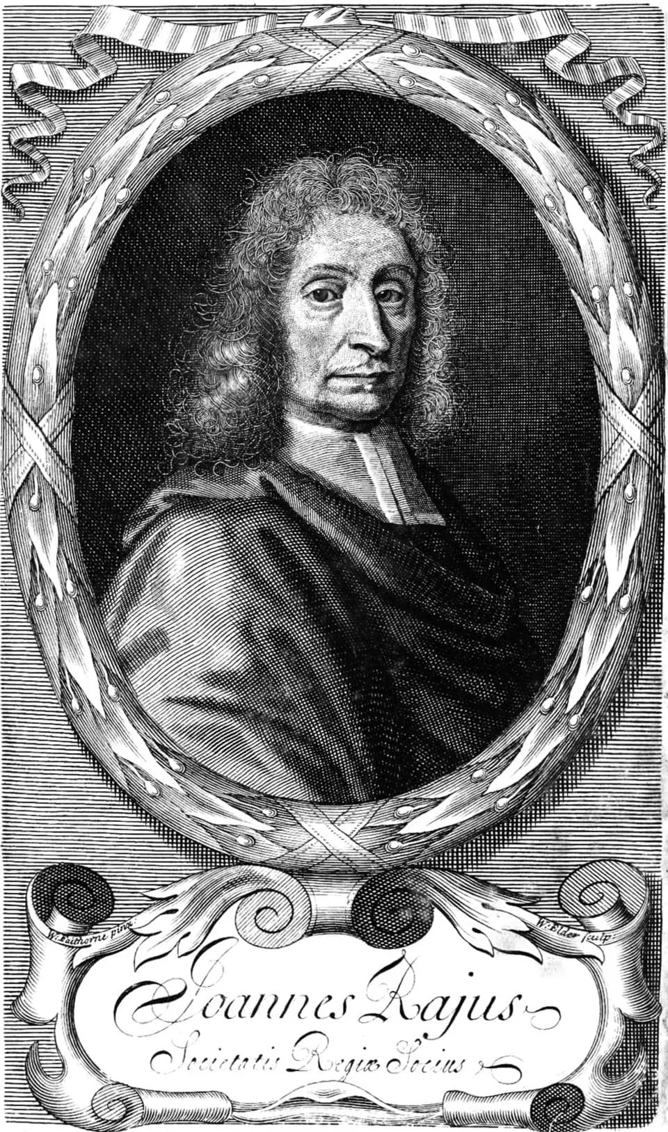 John Ray - Woodcut frontispiece of John Ray, (Joannes Rajus)