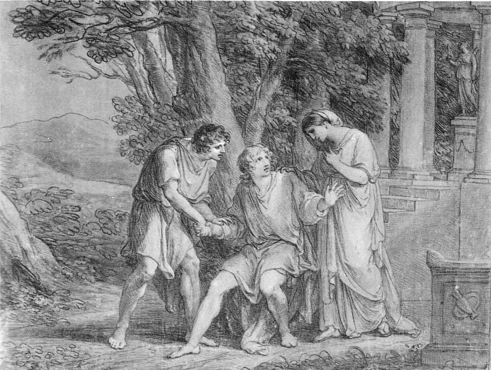 Angelica Kauffmann - Act three, scene three from Goethe's Iphigenia in Tauris. Drawing. Première of final version of play in Weimar in 1802. Goethe, playing Orestes, seated in the centre.