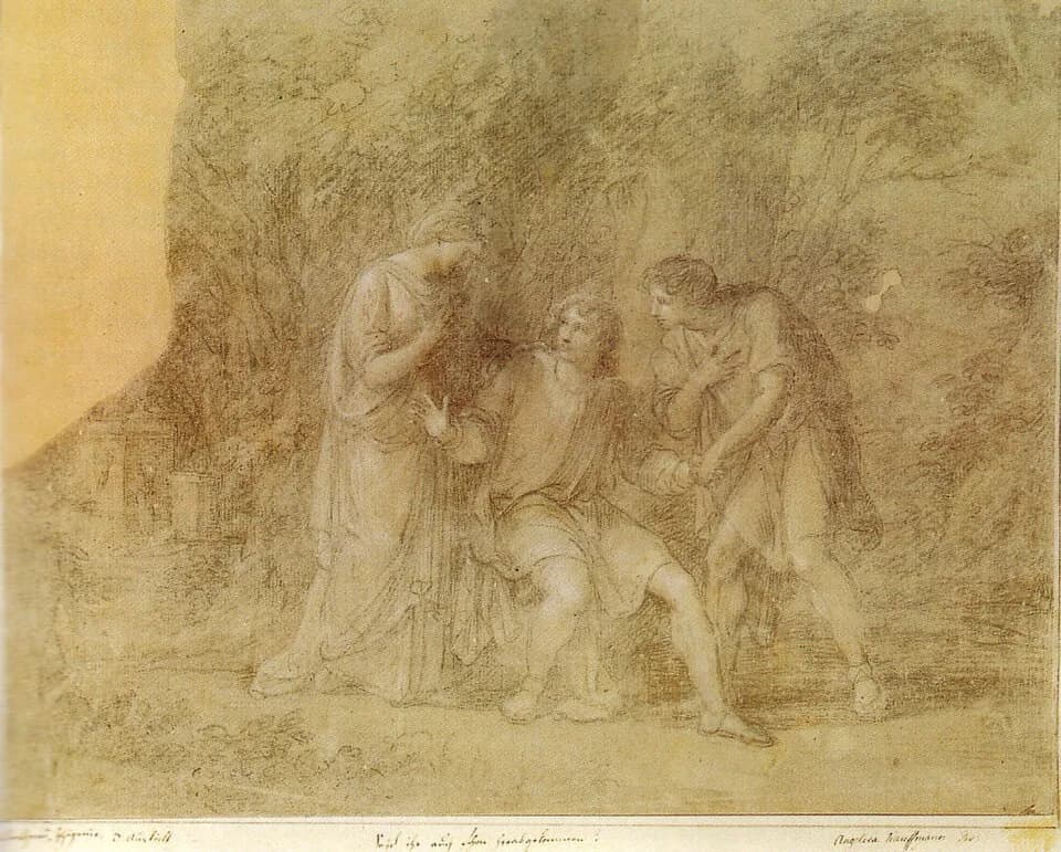 Angelica Kauffmann - Iphigenie, Orest und Pylades (schwarze und weiße Kreide auf Papier, 290x360 cm)