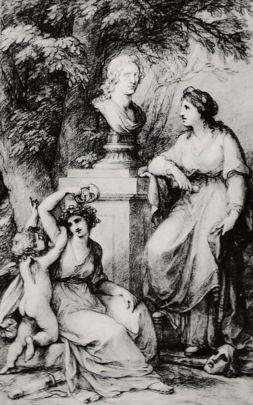 Angelica Kauffmann - Huldigung für Goethe. Huldigung der Muse vor Goethes Büste. Zeichnung von Angelika Kauffmann