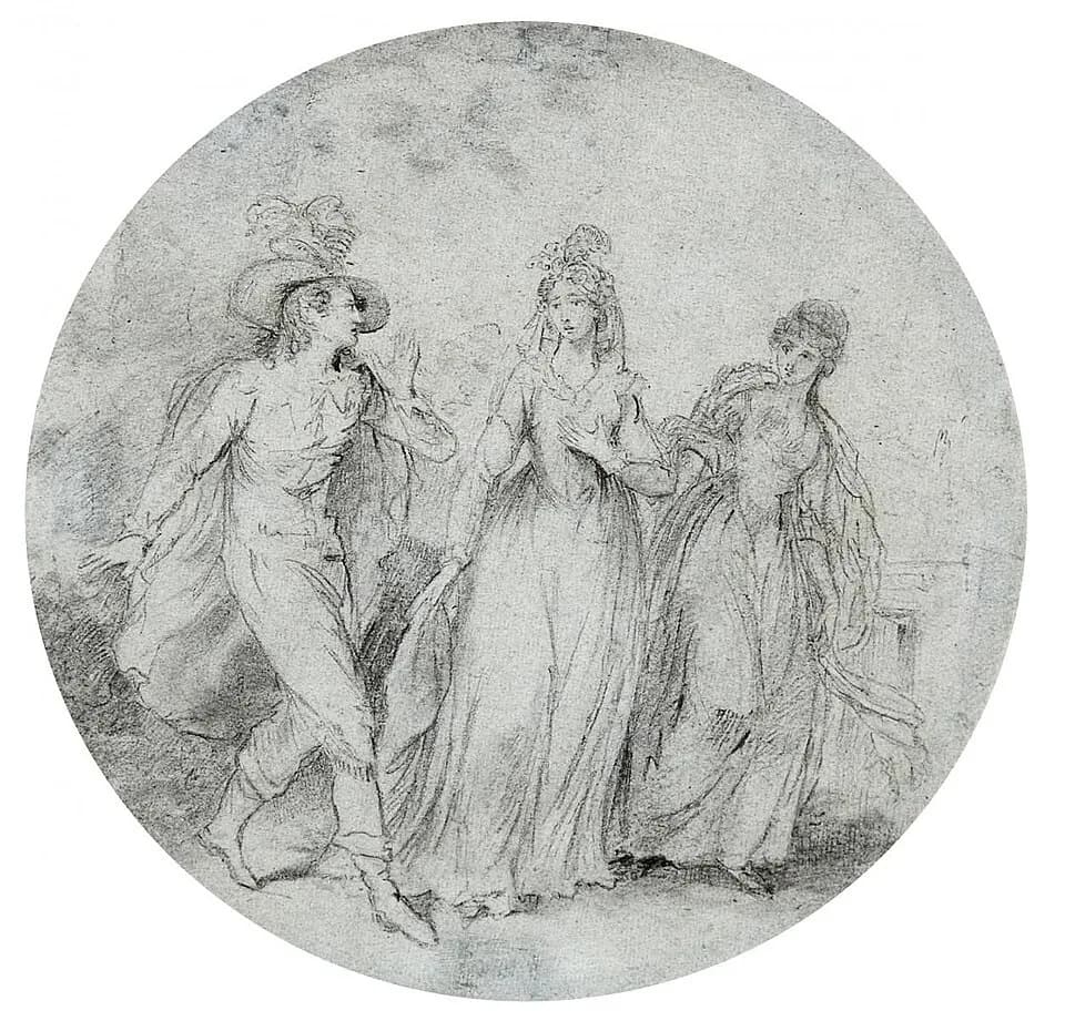 Angelica Kauffmann - Die Nachricht. Ein höfisch gekleideter Herr überbringt zwei Damen eine Nachricht. Kohle auf Papier (Ingres) mit Wasserzeichen. 27,7 x 28,4.cm. Im Oval.