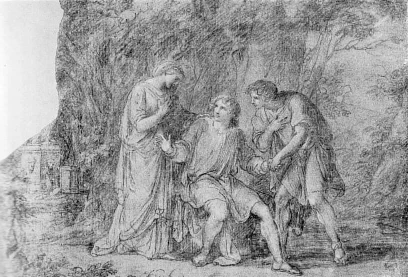 Angelica Kauffmann - Szene aus Goethes Iphignie, Kohlezeichnung von Angelika Kauffmann, 1787. Erste Fassung des bekannten Blattes in Goethes Nachlaß, aus früherem Besitz der Luise Göchhausen. Kauffman