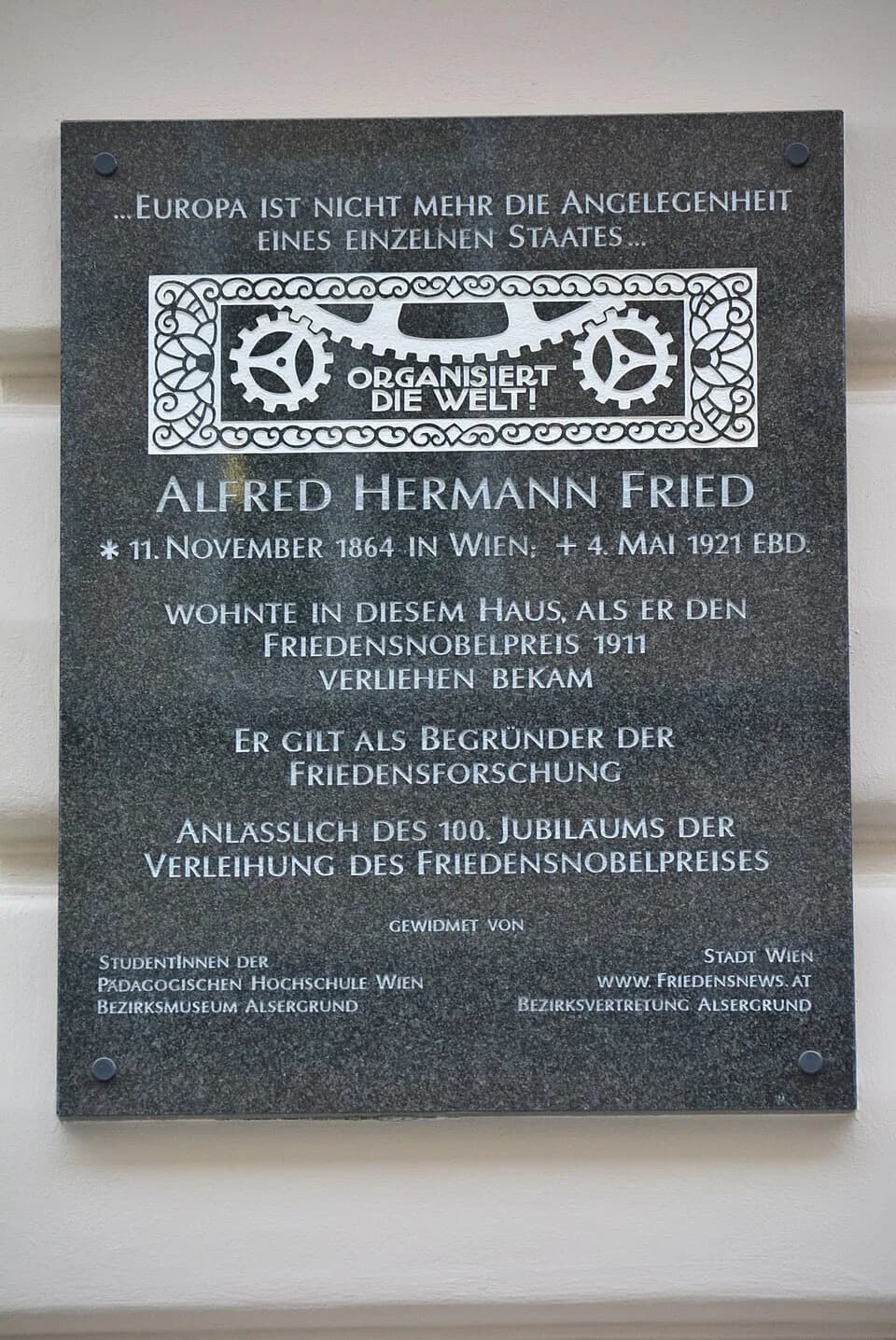 Alfred Hermann Fried - Gedenktafel für Alfred Hermann Fried (Wien, Widerhofergasse 5)