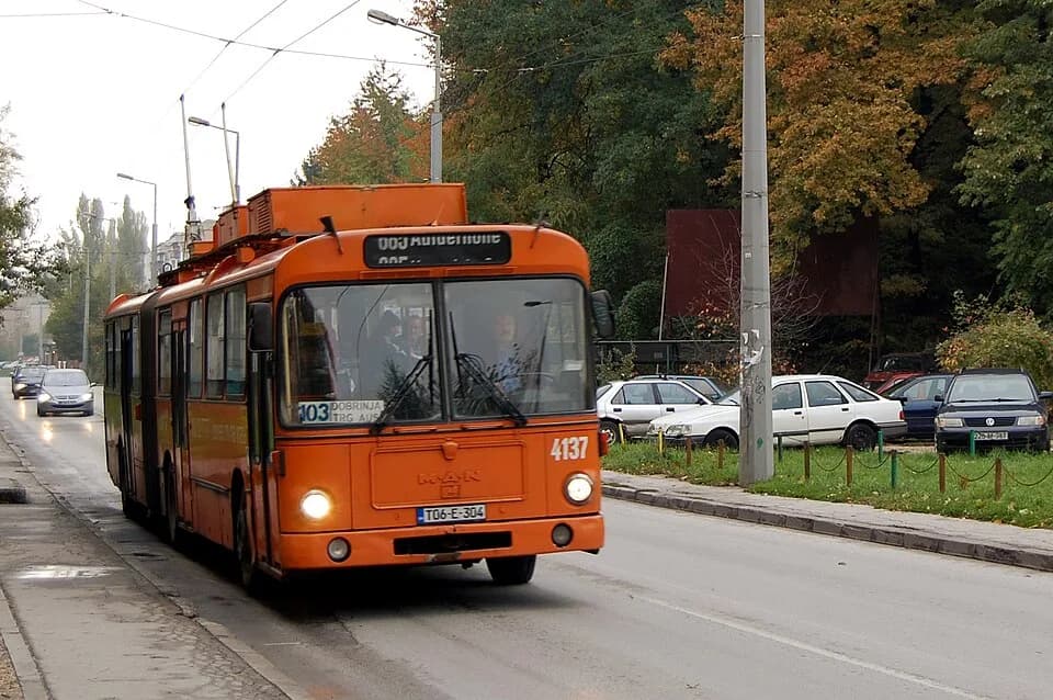 Ivica Osim - Trolleybus #4137 at Stadium Grbavica running westbound from Trg Austrije to Dobrinja, Line 103, October 23, 2011