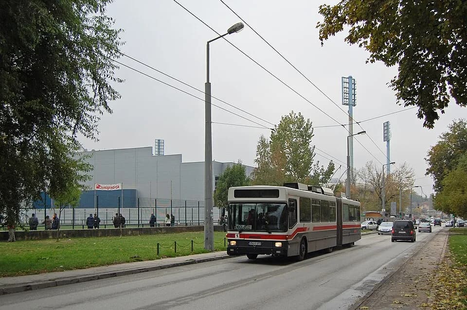 Ivica Osim - Trolleybus #4155 at Stadium Grbavica running eastbound from Otoka to Jezero, Line 102, October 23, 2011