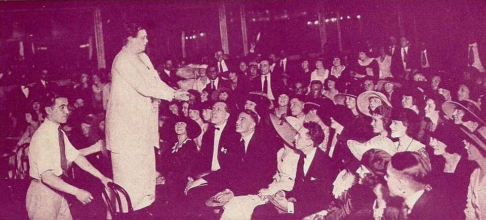 Marie Dressler - Marie Dressler speaking to chorus girl strikers in 1919 at the Amsterdam Opera House in New York. On page 47 of the October 1919 Photoplay.