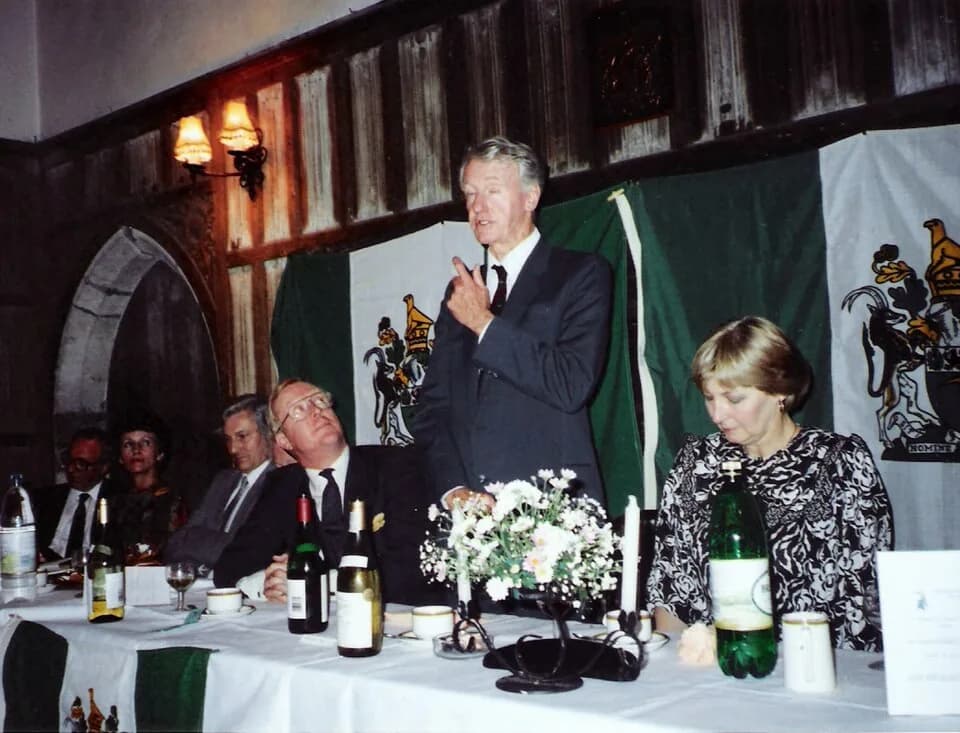 Ian Douglas Smith - Ian Smith makes a point at a dinner organised in his honour by Denis Walker (far left) at Lympne Castle, Kent, July 23, 1990. Smith is flanked by Nicholas and Anne Winterton, both 