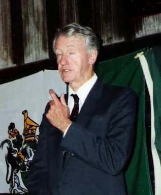 Ian Douglas Smith - Kent
Ian Smith makes a point at a dinner organised in his honour by Denis Walker (far left) at Lympne Castle, Kent, July 23, 1990. Smith is flanked by Nicholas and Anne Winterton, 