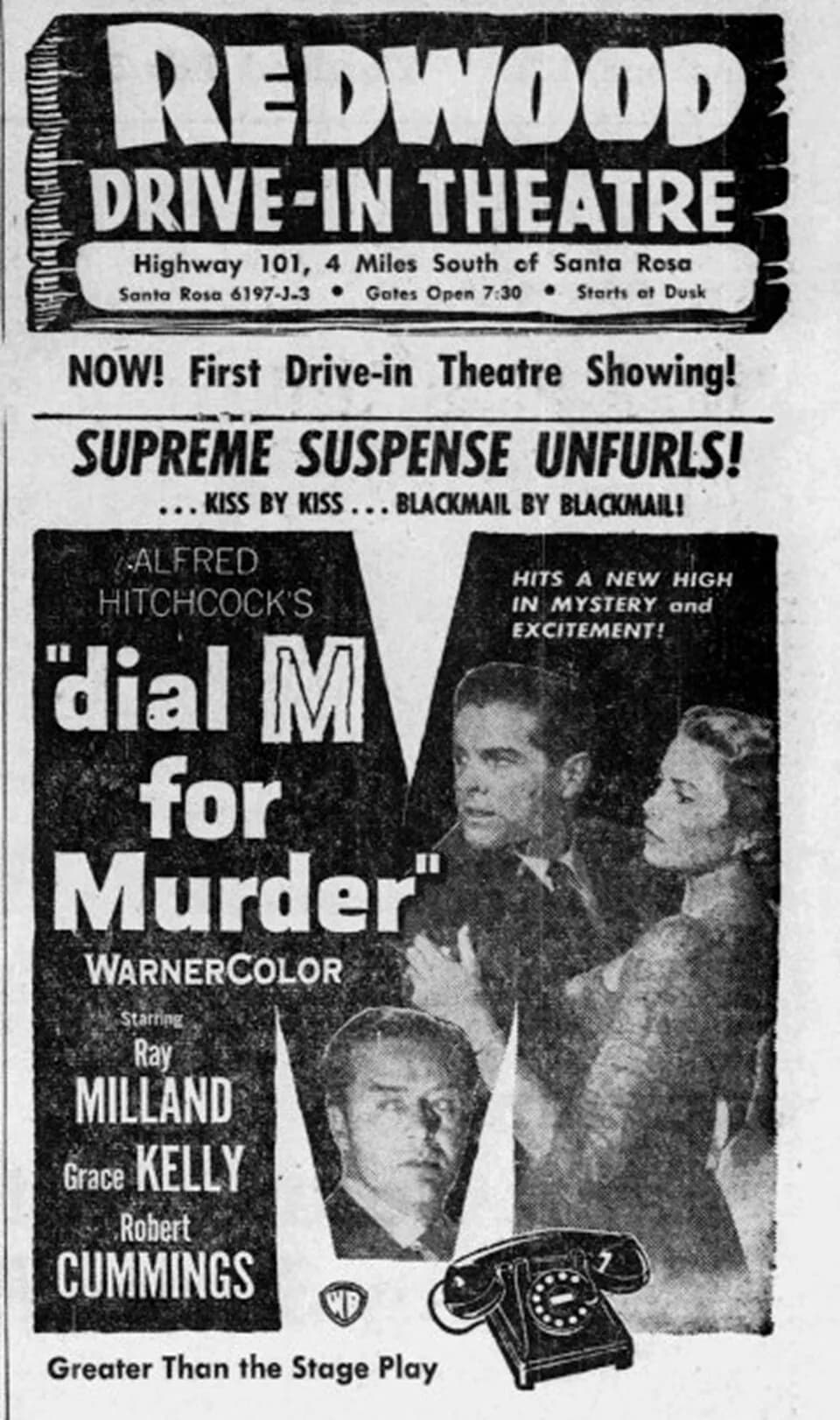 Ray Milland - Redwood Drive-In theater advertisement for the American crime thriller film Dial M for Murder (1954). From the 11 August 1954 Press Democrat.