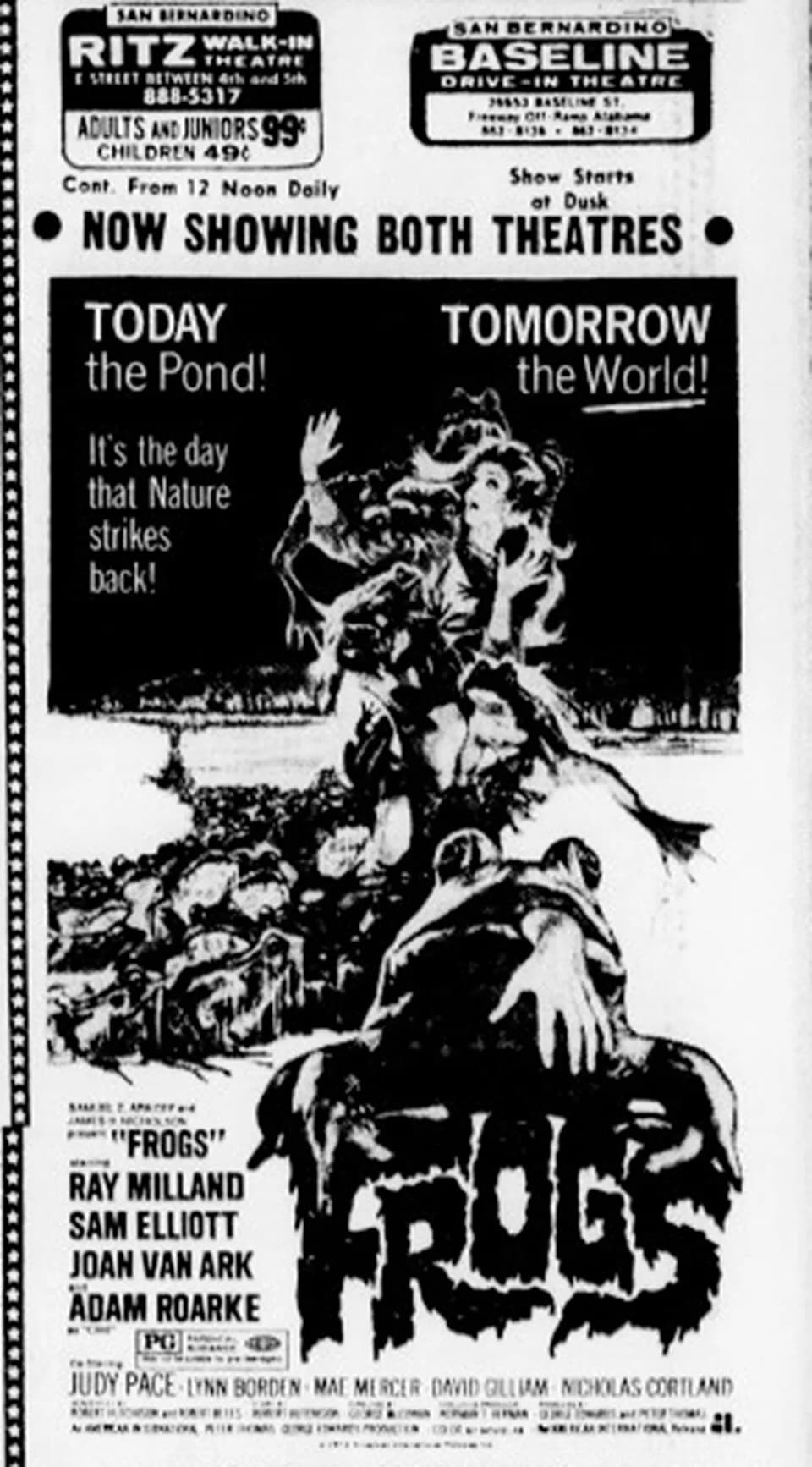 Ray Milland - Ritz Theatre and Baseline Drive-In advertisement for the American horror film Frogs (1972). From the 19 April 1972 San Bernardino Sun.