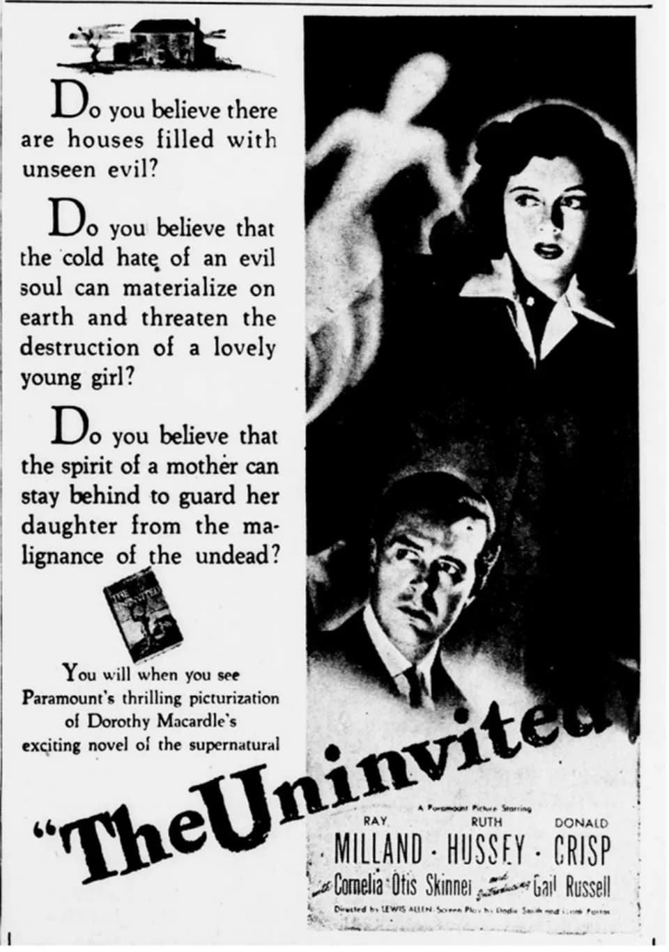 Ray Milland - Theater advertisement for the film, The Uninvited. 10 February, 1944.